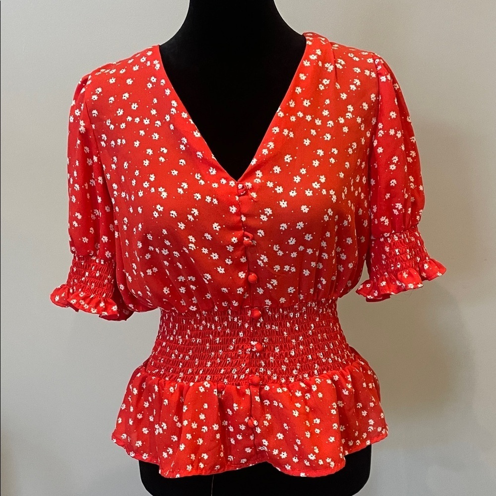 Red Floral Smocked Women's Top